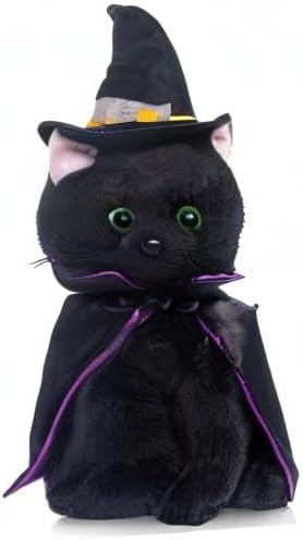 My OLi Halloween Black Cat Plush Toy - Soft Stuffed Black Cat with Witch Hat and Cloak - Spooky Halloween Party Decoration & Stuffed Animal Gift for Kids Toddlers