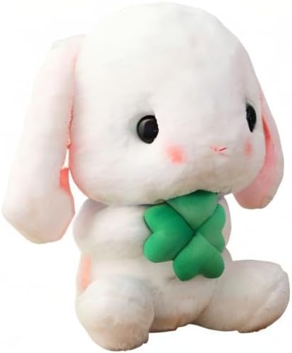 HOUPU Soft Toy - Sitting Lop Eared Rabbit, Easter White Rabbit Stuffed Bunny Animal with Carrot Soft Lovely Realistic Long-Eared Standing Pink Plush Toys (White-Four Leaf,8.6in/22cm)