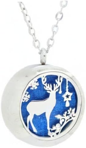 Aromatherapy Essential Oil Diffuser Stainless Steel Silver Magnetic Locket Pendant 2 Sizes Chain Necklace, Refill Pads & Diffuser Bracelet in a Velvet Bag (Winter elk with Ornaments)