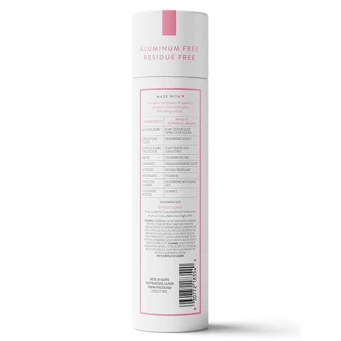 Native Whole Body Deodorant Spray for Women, 72 hour Aluminum free Deodorant Spray, Vanilla & Raspberry, 3.5oz with Westside Dispenser Pump