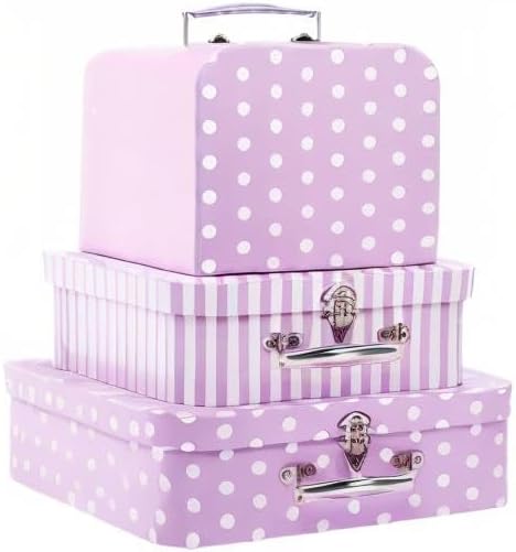 Paperboard Suitcases Set of 3, Cute Storage Box Nesting Gift Boxes with Lids for Christmas New Year, Wedding Birthday Party Home Decor, Mini Suitcase Favor Box (Purple Dots and Strips)