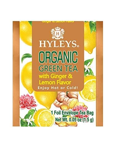 HYLEYS Organic Green Tea, Ginger and Lemon Flavor - 150 Individually Wrapped Tea Bags (6 Pack of 25) - USDA Organic - Kosher & Vegan