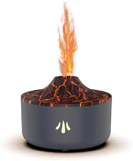 200ml Lava Volcano Aromatherapy Diffuser๏ผEssential Oil Diffuser with Flame Effect LED Lights, Quiet Ultrasonic Mist, Auto Shut-Off, for Home, Office, Yoga & Bedroom (Black Gray)