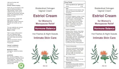 Estriol Cream for Women, Creamy Peach Vaginal Bioidentical Estrogen Cream, Menopause Care: Balance Hormones, Treat Hot Flashes, Night Sweats, and Protect Intimate Skin, 50g