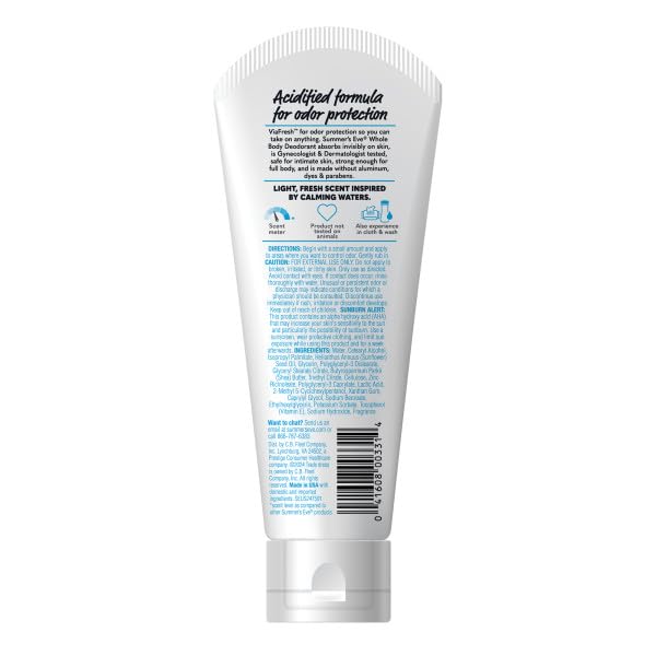 Summer’s Eve Ultimate Odor Protection Whole Body Deodorant Cream, Fresh Scent, Aluminum Free, All Day Odor Control, Invisible Cream, 3 Ounce (Pack of 2)