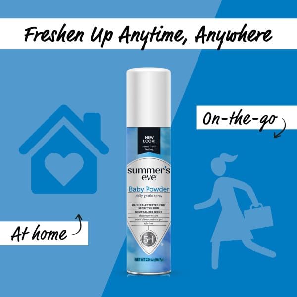 Summer’s Eve Baby Powder Feminine Freshening Spray, Daily Gentle Intimate Deodorant, Neutralizes Odor, pH Balanced, Talc Free, Sensitive Skin, 2 Ounce (Pack of 1)