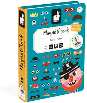 Janod - Magnetibook 83 Pc Magnetic Boy Crazy Face Dress Up Game - Decorating Fridge with Magnetic Letters - Enhances Creativity and Learning - Boosts Self-Confidence - Portable and Easy Storage