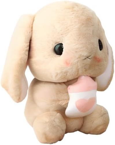 HOUPU Soft Toy - Sitting Lop Eared Rabbit, Easter White Rabbit Stuffed Bunny Animal with Carrot Soft Lovely Realistic Long-Eared Standing Pink Plush Toys (Brown-Milk Bottle,12.5in/32cm)