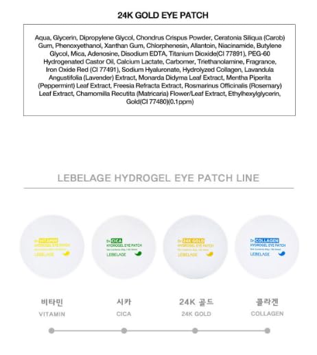 LEBELAGE Eye Patch Hydrogel 24K Gold 60 Sheets | Cooling Hydrogel Under Eye Patches with Gold | Moisturizing Eye Care for Daily Skincare Routine