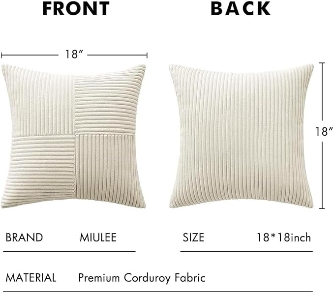 MIULEE Cream White Decorative Throw Pillow Covers for Couch 18x18 Inch | 2 Pack, Beige Neutral Boho Farmhouse Pillow Covers, Soft Cross Corduroy Patchwork Textured Cushion Cases For Bed Sofa