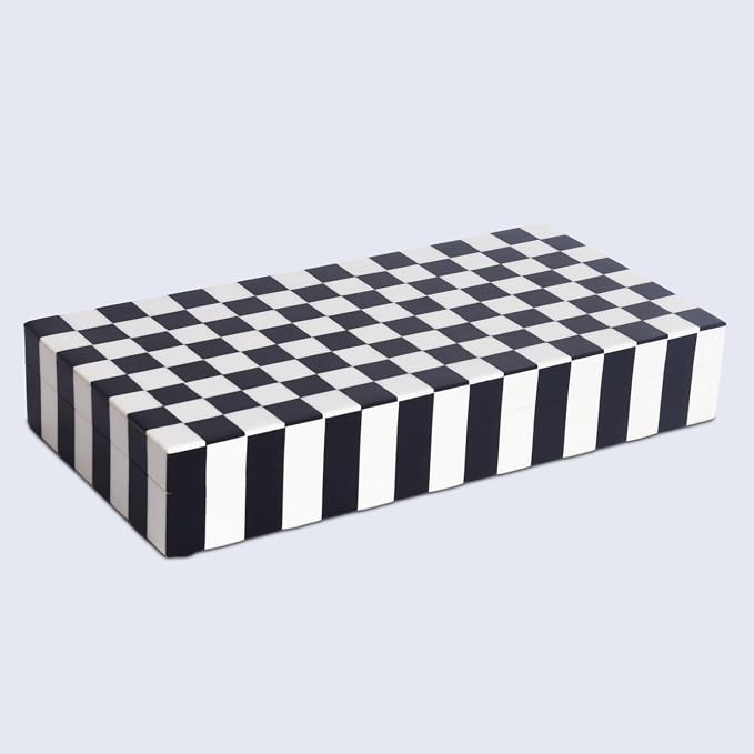 Handicrafts Home Large Decorative Storage Box with Lid, Black and White Coffee Table Storage Box, Remote Control Holder, Keepsake Storage Box for Living Room & Shelf Decor, Puzzle Check 12x6x2