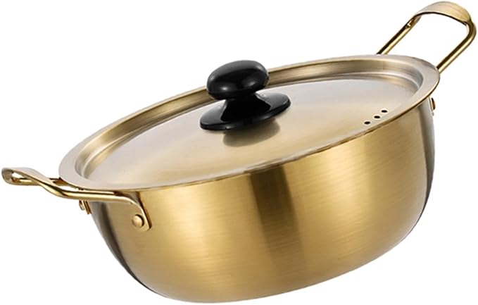 Korean Ramen Pot Stainless Steel Noodle Cooking Pot with Lid Induction Cooker Lightweight Golden Soup Pot Double Handle Suitable for Camping Hiking Pi, 20cm