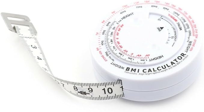 Body Mass Index Tape Measure, Retractable BMI Calculator for Diet and Fitness, 150cm Locking Measurement Tool for Waist, Hip, Thigh, Calf, Easy Read Scale, Plastic Case for Gym Use