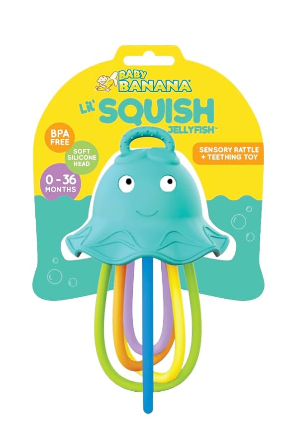 Baby Banana - Lil' Squish Jellyfish, Teether Sensory Rattle Newborn and Infant Toys to Chew