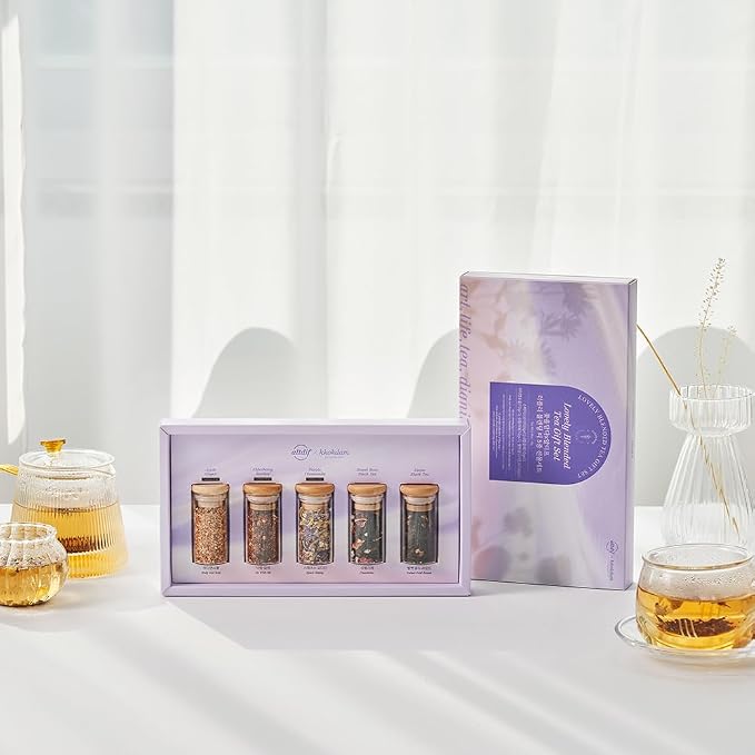 KKOKDAM Lovely Blending Tea Gift Set – Premium 5-Flavor Tea Sampler (3 Herbal & 2 Black Tea Blends) – Loose Leaf Tea Variety Pack in Glass Jars – Unique Korean Gift Box for Women, Mom & Tea Lovers