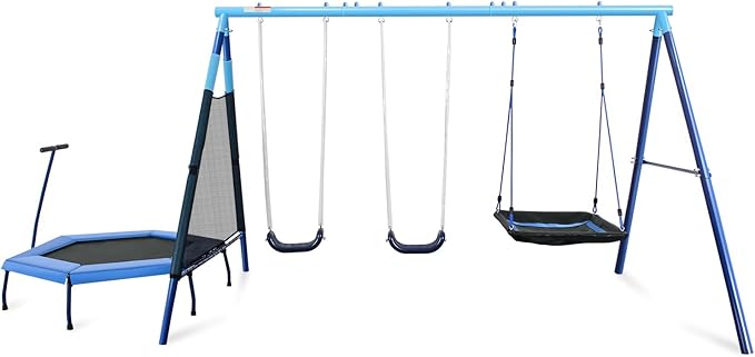 RoyaloveHeavy-Duty Metal Swing Set with 47" Trampoline, 2 Swing Seats & Platform Swings - Outdoor Playset for Kids and Adults, Backyard Playground Equipment