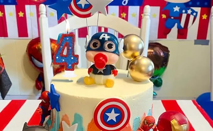 Number 4 Candle Birthday Boy Girl 4 Years Old Cake Topper, Blue Captain Hero 4 Birthday Candle for Kid's Superheroes Theme Party Cake Decoration