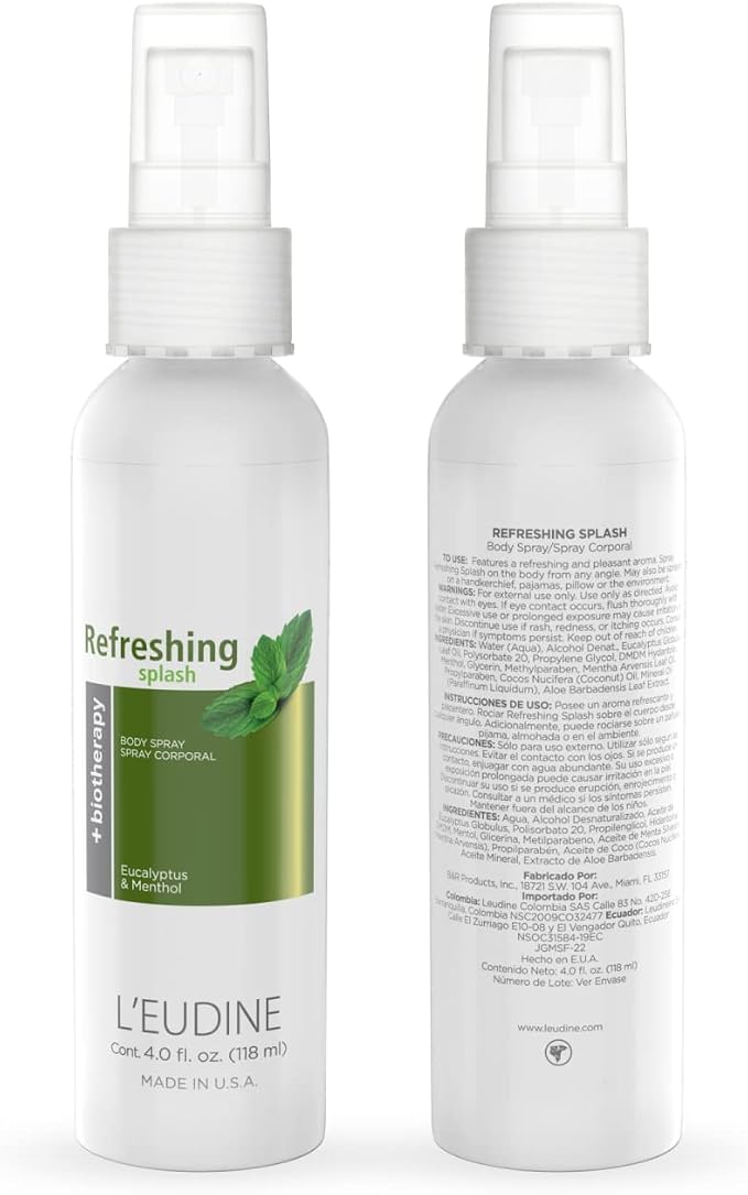 L’EUDINE Refreshing Splash - Pack of 3 - Air Freshener Spray – 4fl oz, Eucalyptus Spray for Body, Clothes, Bedding, Home, Car – Great for Blocked Airways, Nasal Congestion – Pleasant Menthol Notes