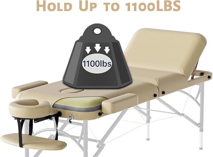 Professional Massage Table Portable 3 Fold Premium Memory Foam Aluminium Leg Hold Up to 1100LBS 8 Heights Adjustable with Carrying Bag Cream