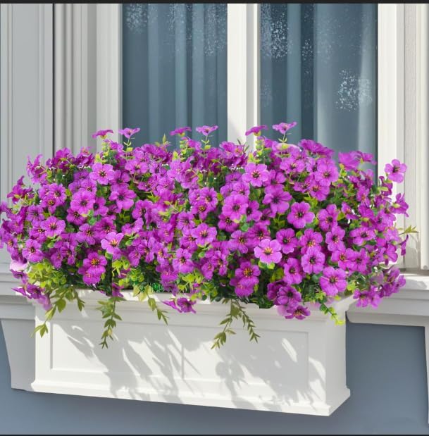 Ouddy Decor 24 Pcs Artificial Flowers for Outdoors Decorations, Purple | Lifelike silk flowers, UV resistant, faux plastic plants, for garden porch window table vase home indoor outdoor decor