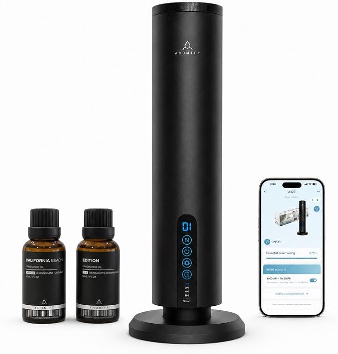 Breeze Waterless Diffuser, Cordless & Rechargeable Fragrance Oil Diffuser with Edition and California Beach Oils Included, 1200 Sq Ft Coverage, Bluetooth & App Control, Cold Air Diffuser, Black