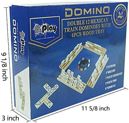 PUREPLAY Mexican Train Dominoes Set - Double 12 Colored Dot Dominoes - Includes 91 Tiles with 9 Trains, 4 Wooden Trays and Storage Bag for 2-8 Players Ages 8+