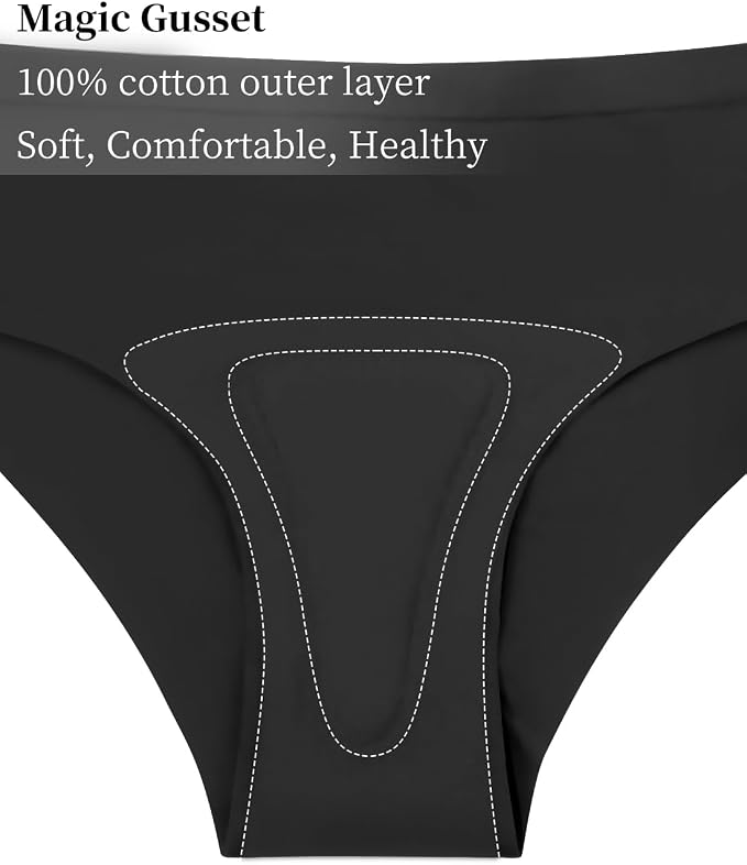 Women's Seamless Thongs - No Show Underwear with Panty Liner, Soft Breathable G-String for Daily Wear(N750JD+R1355-Black-L