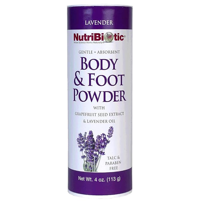 NutriBiotic – Body & Foot Powder with Lavender Essential Oil, 4 Oz | with Grapefruit Seed Extract | Vegan & Non-GMO | Talc, Paraben & Gluten Free | Gentle & Absorbent
