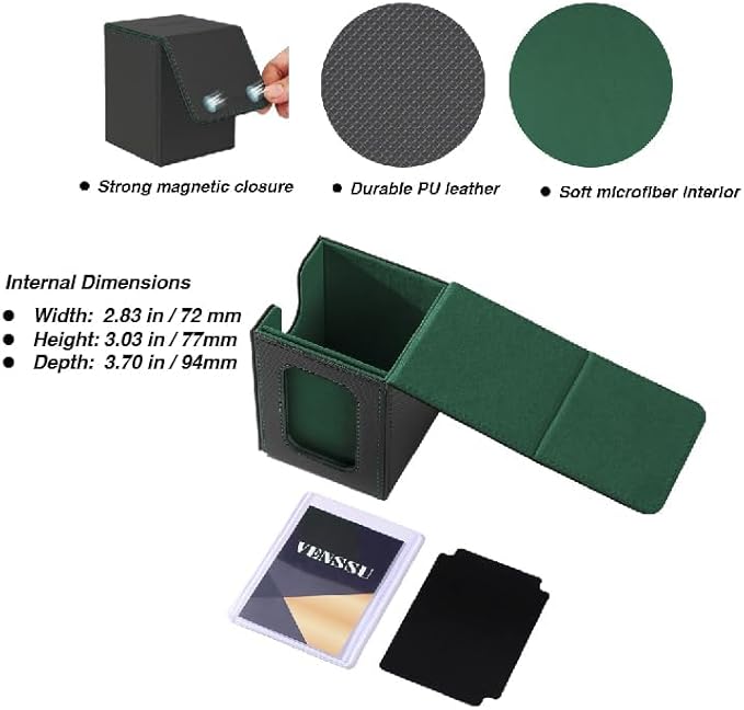 Venssu MTG Deck Box for Commander Display,Card Deck Box Fits 100 Double Sleeved Cards,TCG with 2 Dividers and 1 Toploader (Black&Green)