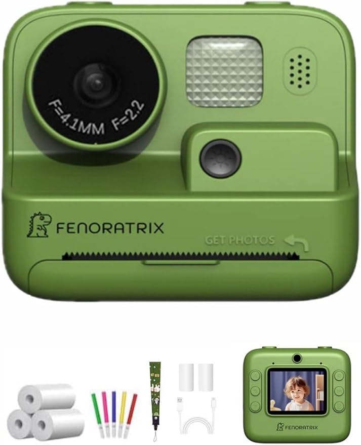 Instant Print Camera for Kids โ No Ink Needed, 2.4" Screen, Selfie & 1080P Video, 10X Zoom, 3 Paper Rolls, Stickers & Markers, Fun Creative Gift for Boys & Girls Ages 3 4 5 6 7-12โ FENORATRIX Green