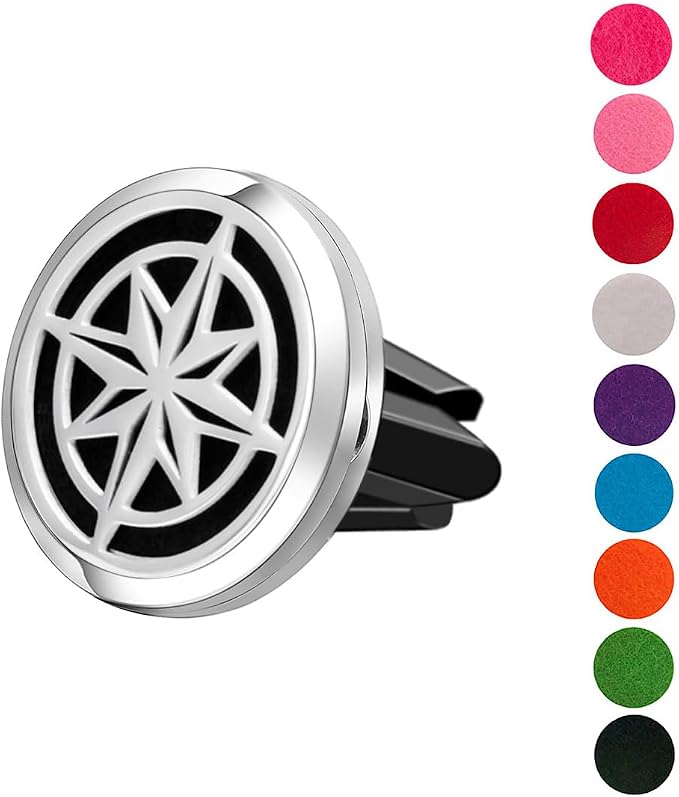 Wild Essentials Nautical Star Essential Oil Car Vent Diffuser Kit – 316L Stainless Steel Locket, Rubber-Coated 4-Way Clip, 8 Color Pads (22mm), 25mm – Includes Alert & Inner Calm (2 x 10ml)