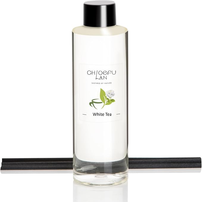 White Tea Reéd Diffuser Refill 200ml/6.76 fl oz, Natural Essential Scented Oil, Best for Aromatherapy, SPA and Home, 0% Alcohol, Free Set of Sticks
