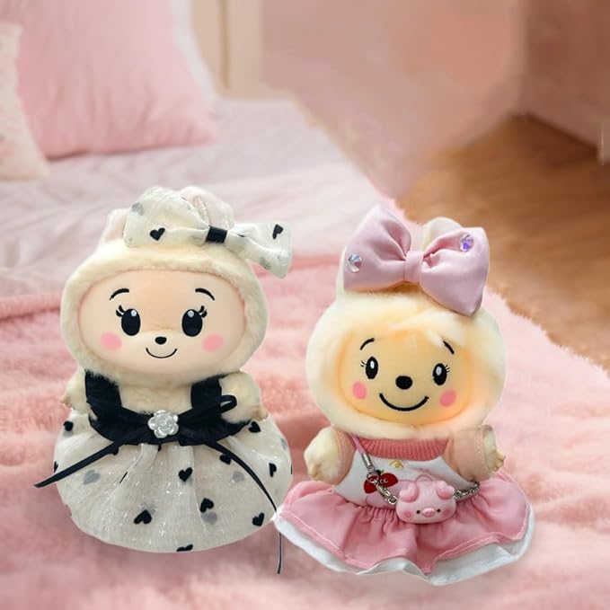 Clothes for Labubu Doll,6.7 Inch Doll Clothing Set - 3 Pieces of Handmade Clothes and Accessories for 17cm Plush Toys -Pink and White Bunny Sweater + Blue Shoulder Bag + White Headband