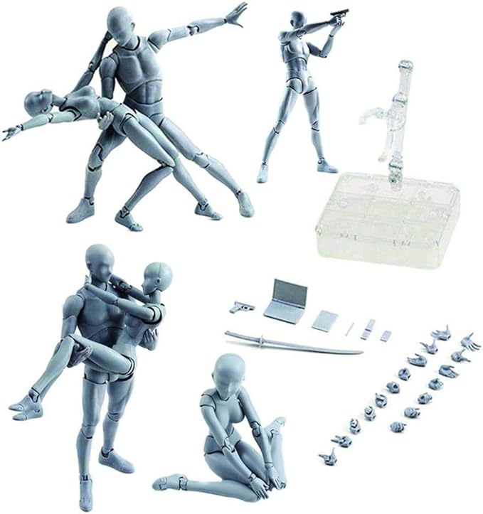 AXITWXIT Action Figures Body-Kun DX & Body-Chan DX PVC Figure Model Drawing for S H Figuarts with Box for Artists (Gray, Female)