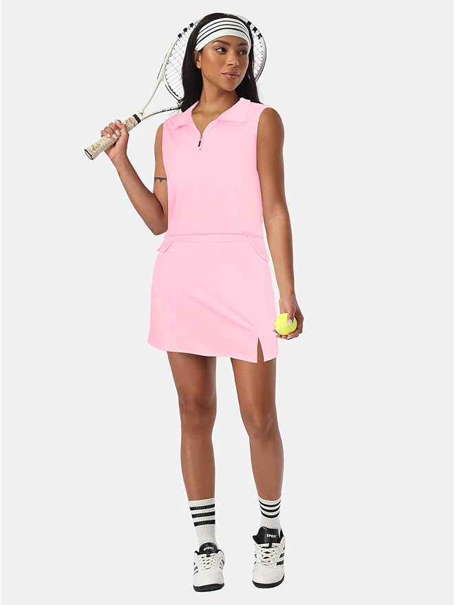 Koscacy Women's Tennis Skort Set Zip Up Tank Top 2 Piece Summer Outfit