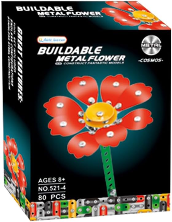 86-Piece Buildable Metal Flower Craft Kit – DIY Red Floral Assembly Model, Creative Construction Toy & Home Décor Gift for Adults and Kids