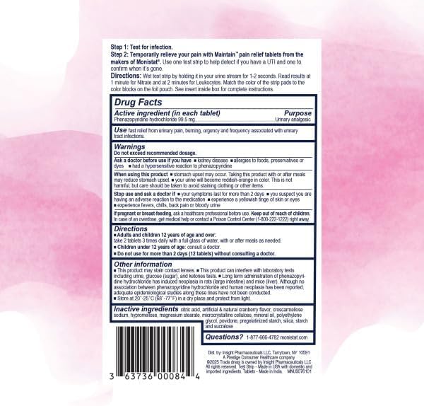 Monistat Maintain UTI Test and Pain Relief Kit, UTI Test Strips and Urinary Pain Relief Tablets, Cranberry Flavor Coating, 2 Test Strips and 12 Tablets (Pack of 12)