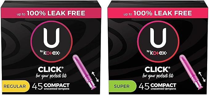 U by Kotex Click Compact Tampons, Regular Absorbency, Unscented, 45 Count & U by Kotex Click Compact Tampons, Super Absorbency, Unscented, 45 Count