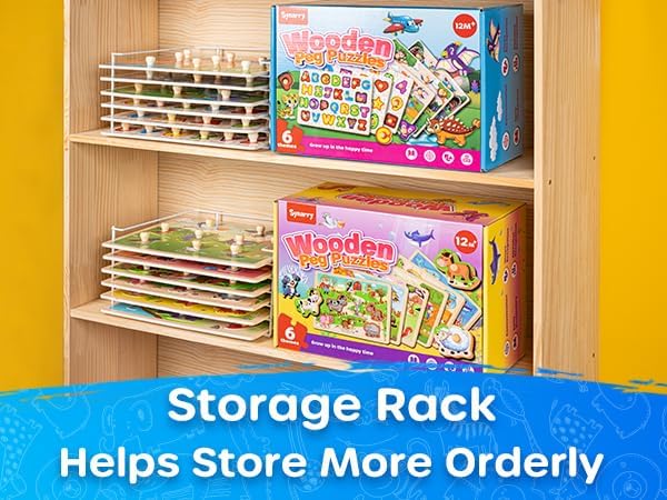 SYNARRY Wooden Puzzles for Toddlers 1-3, 6XSET Puzzles for Toddlers 2-4 with Rack, Learning Alphabet Number Shape Animal Dinosaur, Toddler Valentines Day Easter Basket Stuffers Gifts Toys for Boy Girl