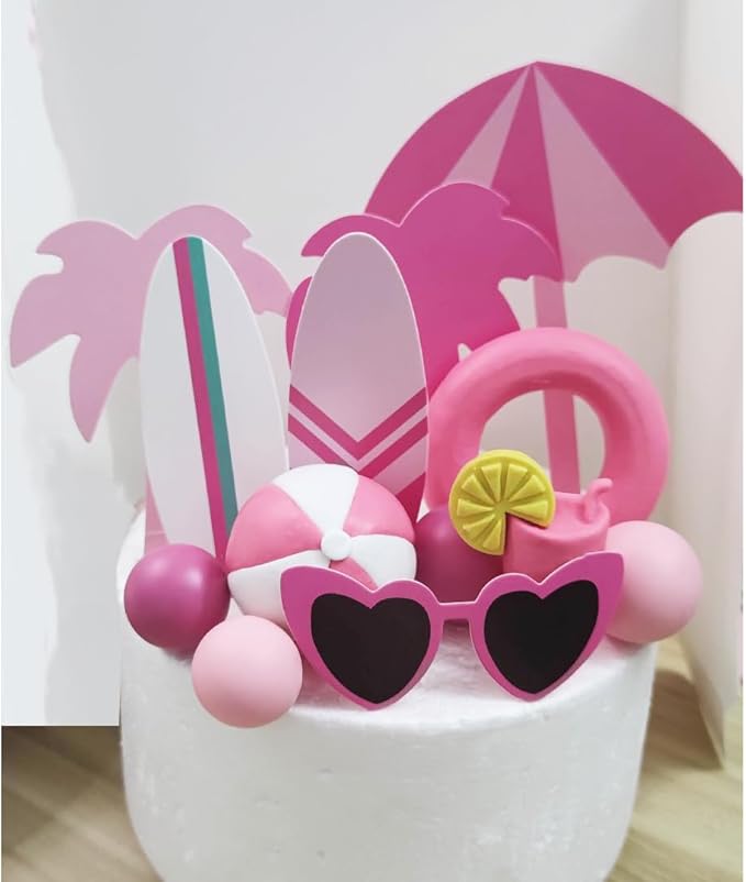 Summer Pink Beach Cake Topper with Beach Ball Swimming Ring Coconut Tree Surfing Board and Sunglasses for Hot Pink Girl Summer Beach Bali Hawaiian theme cake Decor