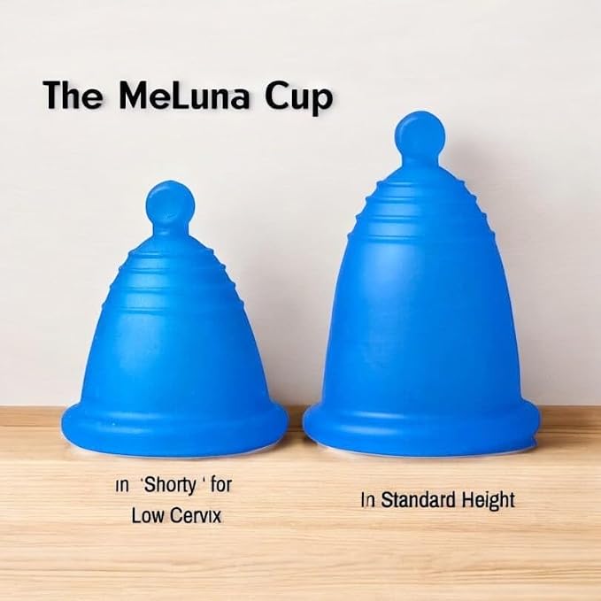 Most Customizable Menstrual Cup with Stem Handle | MeLuna Me Luna | Comfortable Period Cup Reusable Cup | Tampon Pad Alternative for Low Cervix | Shorty (Blue - Medium)