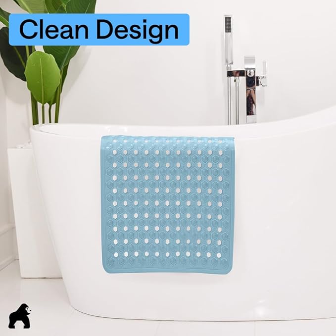 GORILLA GRIP Patented Square Shower Stall Mat, Small Bathtub Floor Mats for Stand Up Showers with Suction Cups and Drainage Holes, Machine Washable, Soft on Feet, Bathroom Accessories 21x21 Inch, Blue