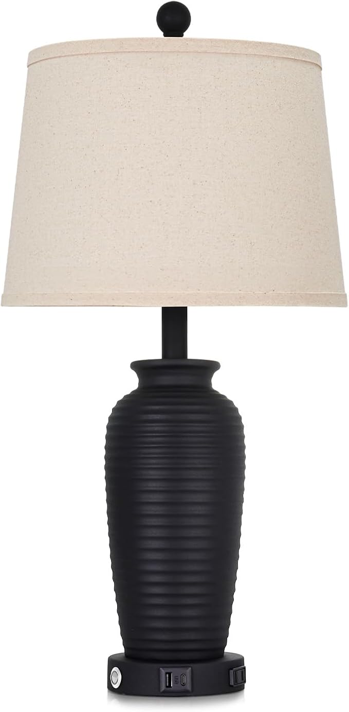 CINSARY 25" Retro Black Farmhouse Jar Table Lamps Set of 2, 3 Way Touch Control Rustic Bedside Lamps with USB A+C Ports & AC Outlet, Pot Nightstand Lamps for Bedroom Living Room (LED Bulbs Included)