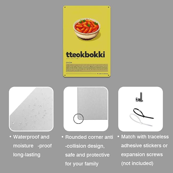 Aluminum Metal Wall Decor Sign Korean Tteokbokki Spicy Rice Cakes Print Art Sign 8X12 Inch For Home Living Room Kitchen Restaurant Dining Room Bar Cafe