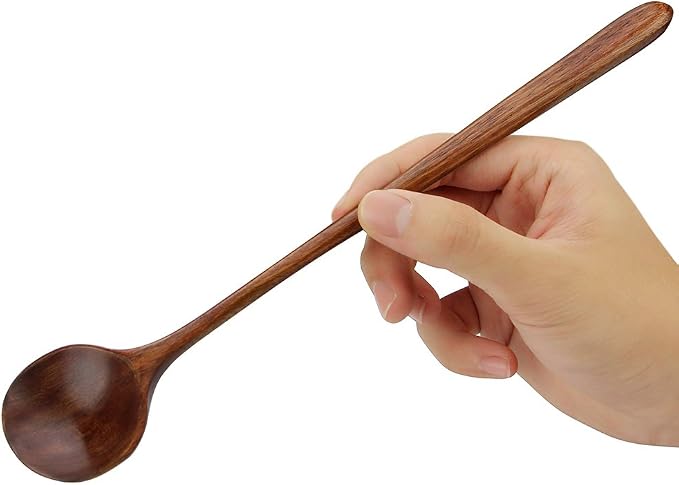 Long Spoons Wooden, 5 Pcs Korean Style 10.9 inches 100% Natural Wood | Long Handle Round Spoons for Soup Mixing Stirrer Kitchen Tools Utensils