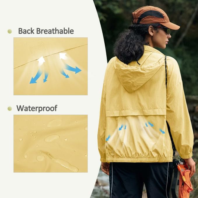 Yousify Womens Waterproof Rain Jackets Lightweight Zip Up Raincoat Outdoor Hiking Hooded Windbreaker with Pocket