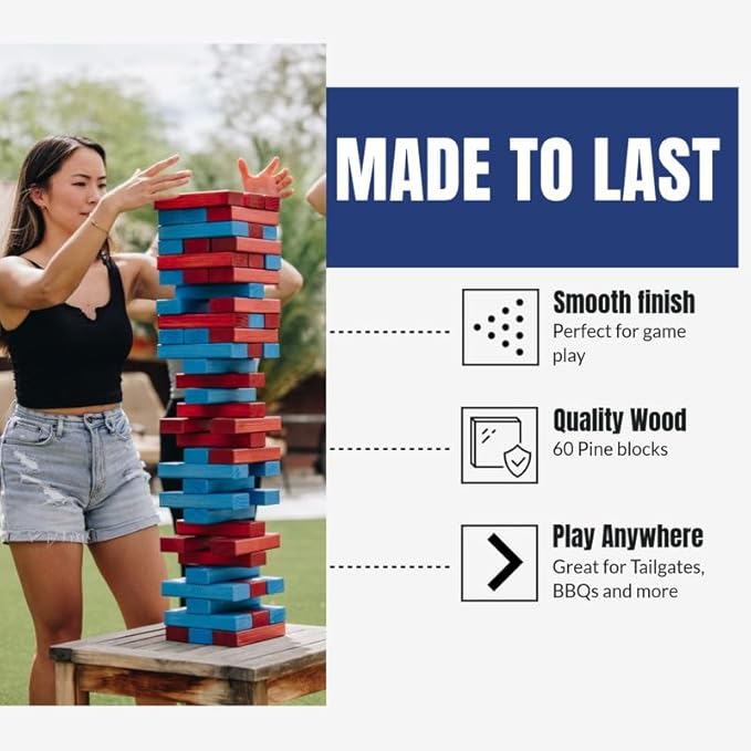 Tailgating Pros Premium Giant Toppling Timbers with Carrying Case – Choose Your Team Colors! Jumbo Outdoor Yard Game, Tower Grows to Over 5 Feet!