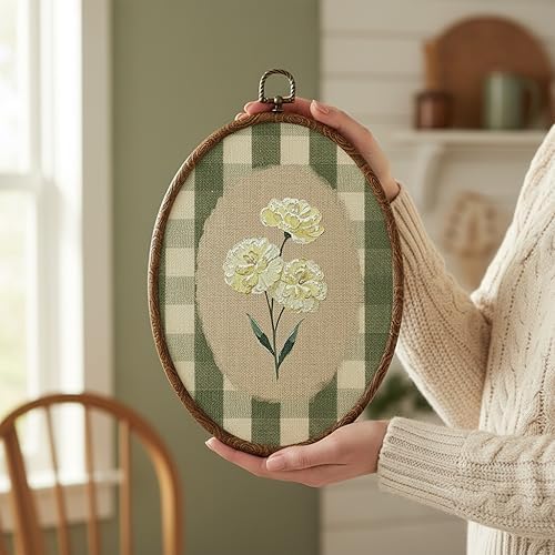Flower Oval Wall Art, Green Gingham Oval Cottage wall Decor, Retro Botanical Grandma Cottage Core Home Decor for Western Farmhouse Bedroom Living Room, Home Retro Decor Products, 7x10 Inches, 15