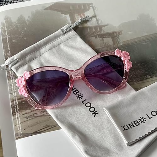 XINB LOOK Kids Sunglasses Girls, Cute Flower Frame Cartoon UV Glasses, Toddler Sunglasses Party Favor for Ages 3-10 (Transparent pink)