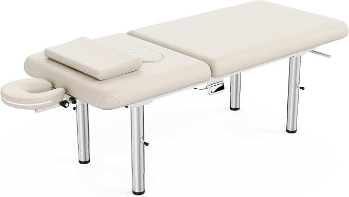 pouseayar Heavy Duty Stationary Massage Table with Adjustable Face Pillow and Stainless Steel Legs, Adjustable Backrest for Treatment, Physical Therapy, Spa Facial Professional Massage Bed - White